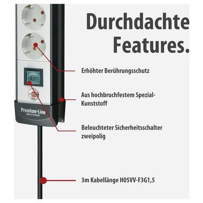 Werbeschaubild einer Steckdosenleiste mit 'Durchdachte Features': erhöhter Berührungsschutz, bruchfestes Kunststoffgehäuse, beleuchteter zweipoliger Sicherheitsschalter und 3 m Kabellänge.<br>