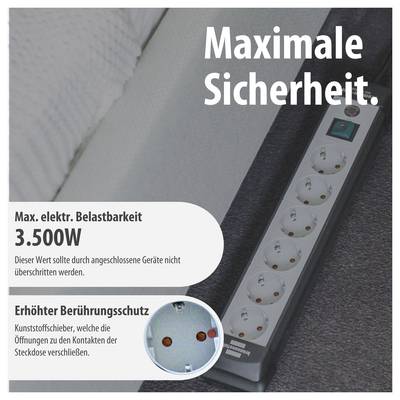 Werbeabbildung einer Steckdosenleiste mit dem Text 'Maximale Sicherheit', 3.500 W Belastbarkeit und erhöhtem Berührungsschutz durch Kindersicherungen.