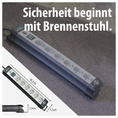 Werbebild einer Brennenstuhl-Steckdosenleiste mit Ein-/Ausschalter; Text 'Sicherheit beginnt mit Brennenstuhl.' und Maßangaben 38,2 cm, 5,9 cm, 7,3 cm.