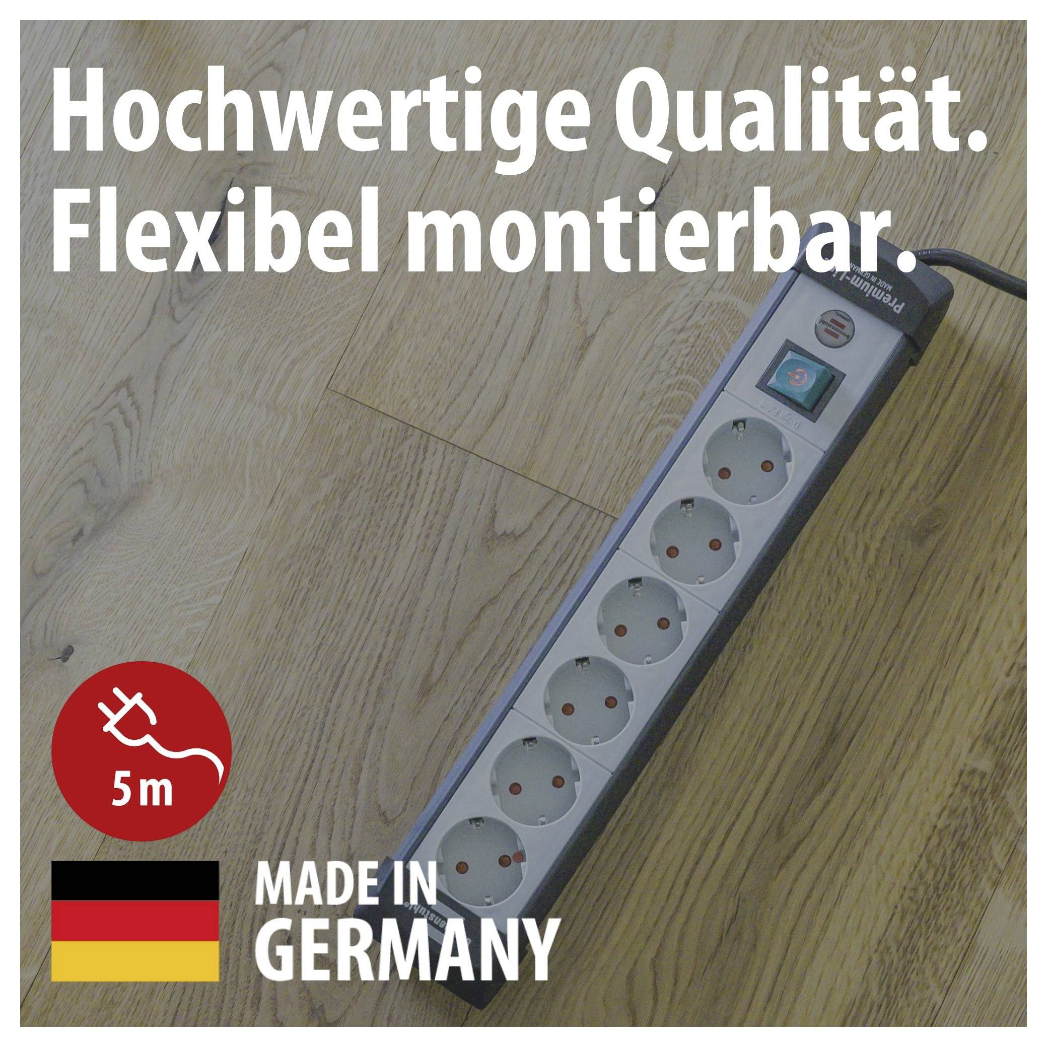 Mehrfachsteckdose auf Holzboden mit Text 'Hochwertige Qualität. Flexibel montierbar.', '5 m' und 'Made in Germany'.<br>