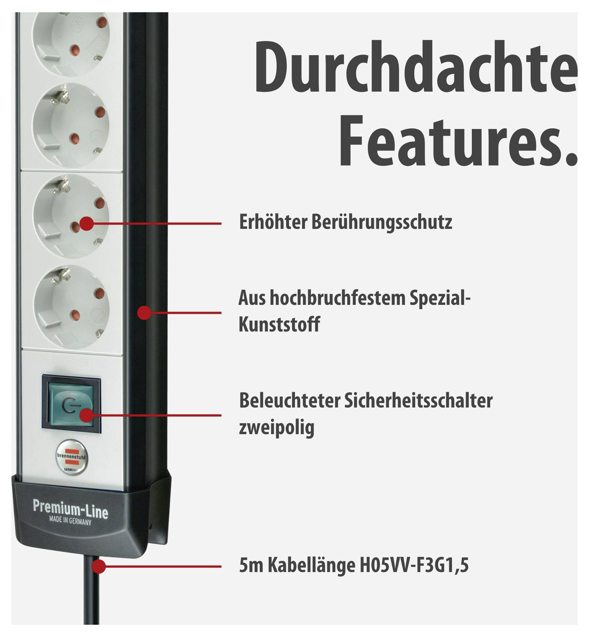 Bild einer Steckdosenleiste mit Text 'Durchdachte Features': erhöhter Berührungsschutz, Spezialkunststoff, beleuchteter zweipoliger Sicherheitsschalter und 5 m Kabel.