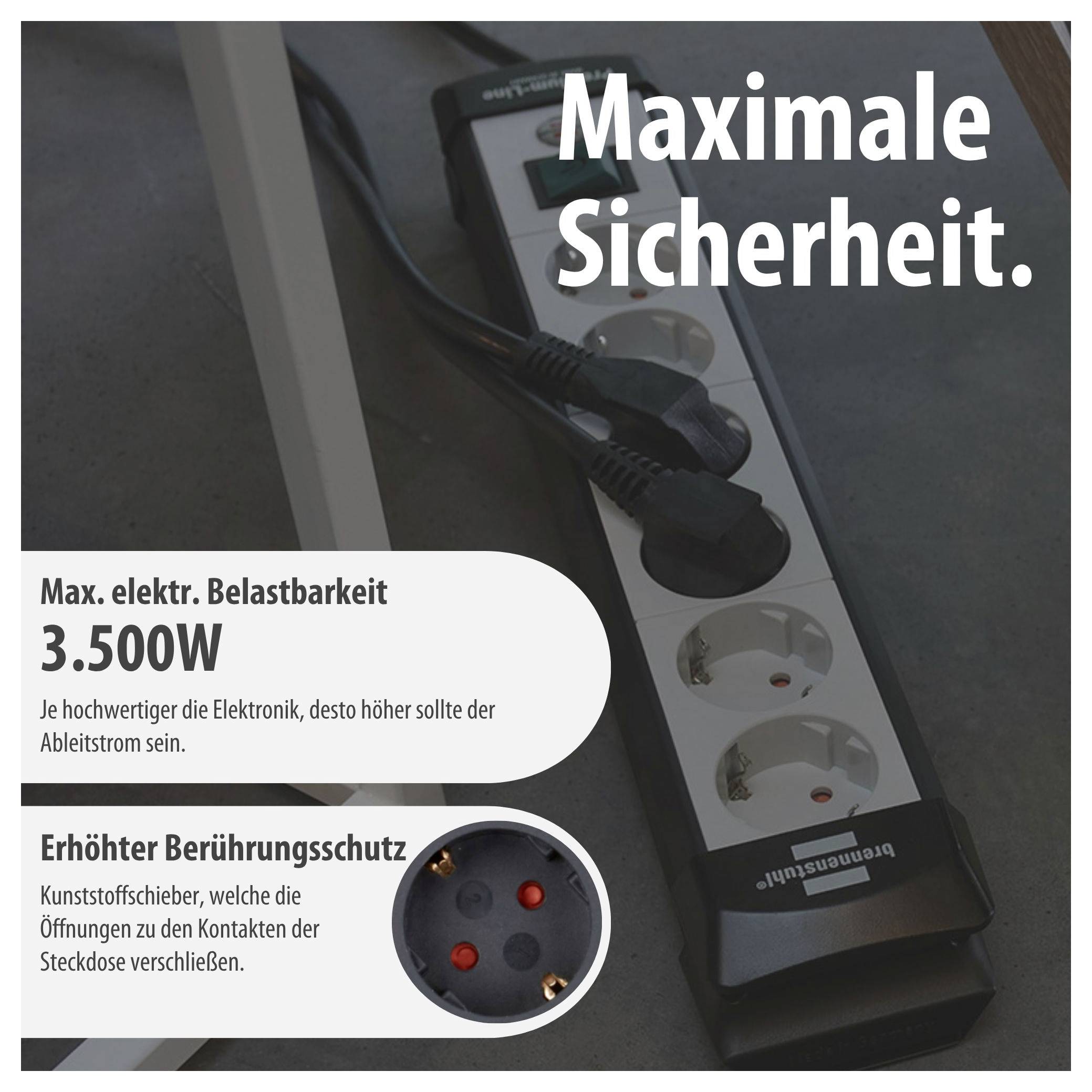 Werbegrafik einer Steckdosenleiste mit dem Text 'Maximale Sicherheit.', 3.500 W Belastbarkeit und Hinweis auf erhöhten Berührungsschutz.
