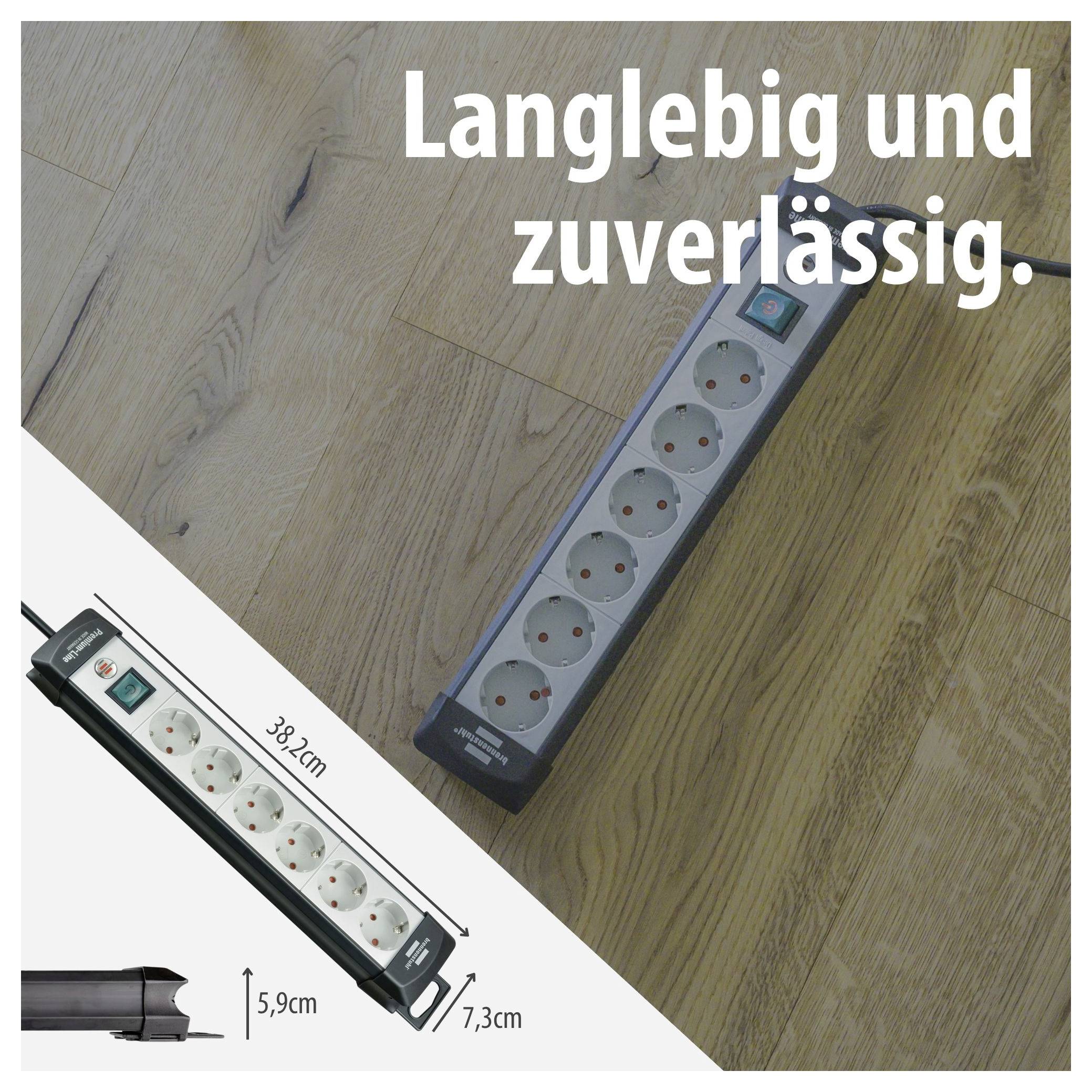 Steckdosenleiste mit sechs Anschlüssen; daneben Maßangaben 38,2 cm Länge, 7,3 cm Breite und 5,9 cm Höhe, mit dem Text 'Langlebig und zuverlässig.'