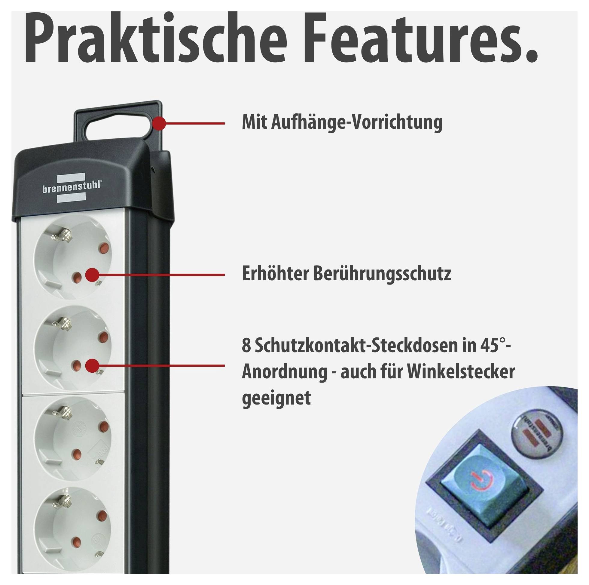 Mehrfachsteckdose von Brennenstuhl mit Tragegriff, erhöhtem Berührungsschutz und 8 Schutzkontakt-Steckdosen in 45°-Anordnung, auch für Winkelstecker geeignet; Ein-/Ausschalter abgebildet.
