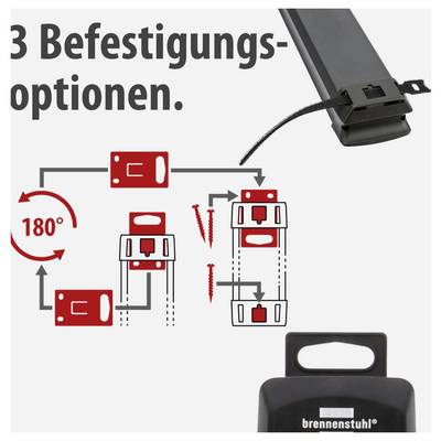 Grafik mit der Überschrift '3 Befestigungsoptionen': zeigt drei Montagearten für ein Brennenstuhl-Gerät, darunter 180°-Drehung und zwei unterschiedliche Halterungspositionen.