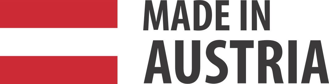 Made in Austria Etikett mit österreichischen Flaggenfarben auf der linken Seite und fettgedrucktem schwarzem Text auf weißem Hintergrund.
