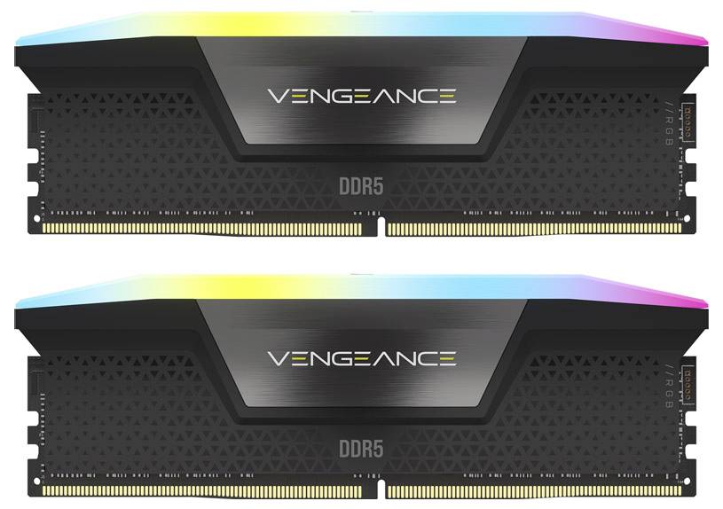 Zwei Corsair Vengeance DDR5 RAM-Module mit RGB-Beleuchtung, schwarzem Design und goldenen Kontakten, für Hochleistungs-PCs geeignet.