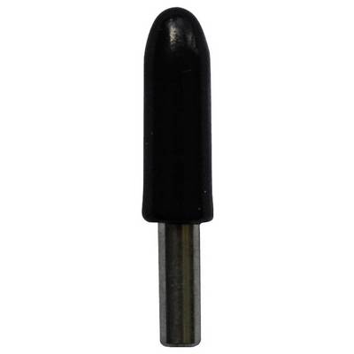 Schwarze zylindrische Kappe mit einer abgerundeten Oberseite und einem kurzen metallischen Schaft, isoliert auf weißem Hintergrund dargestellt.