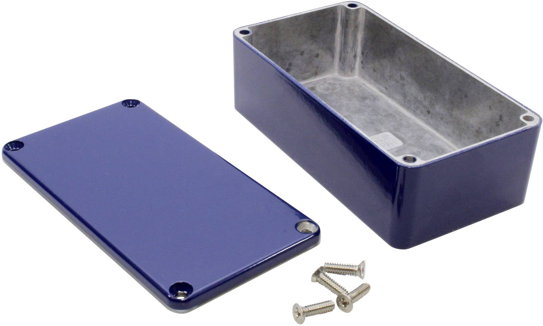 Metallgehäuse in Blau mit abnehmbarem Deckel und vier Schrauben. Geeignet für Projekte in der Elektronik oder Technik.