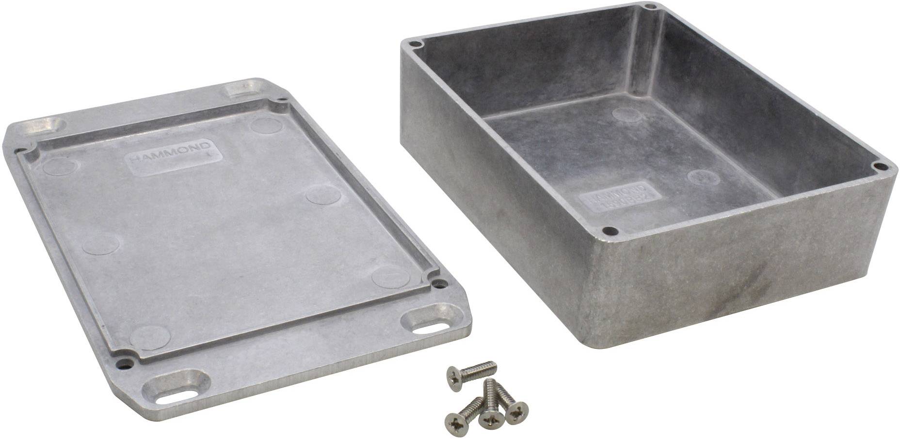 Aluminiumgehäuse mit abnehmbarem Deckel und Schrauben zur Befestigung. Geeignet für die Aufbewahrung oder den Schutz von Elektronik.