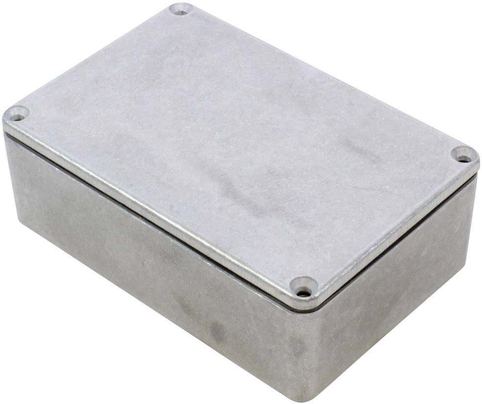 Rechteckiges Aluminiumgehäuse mit vier Schrauben an den Ecken.