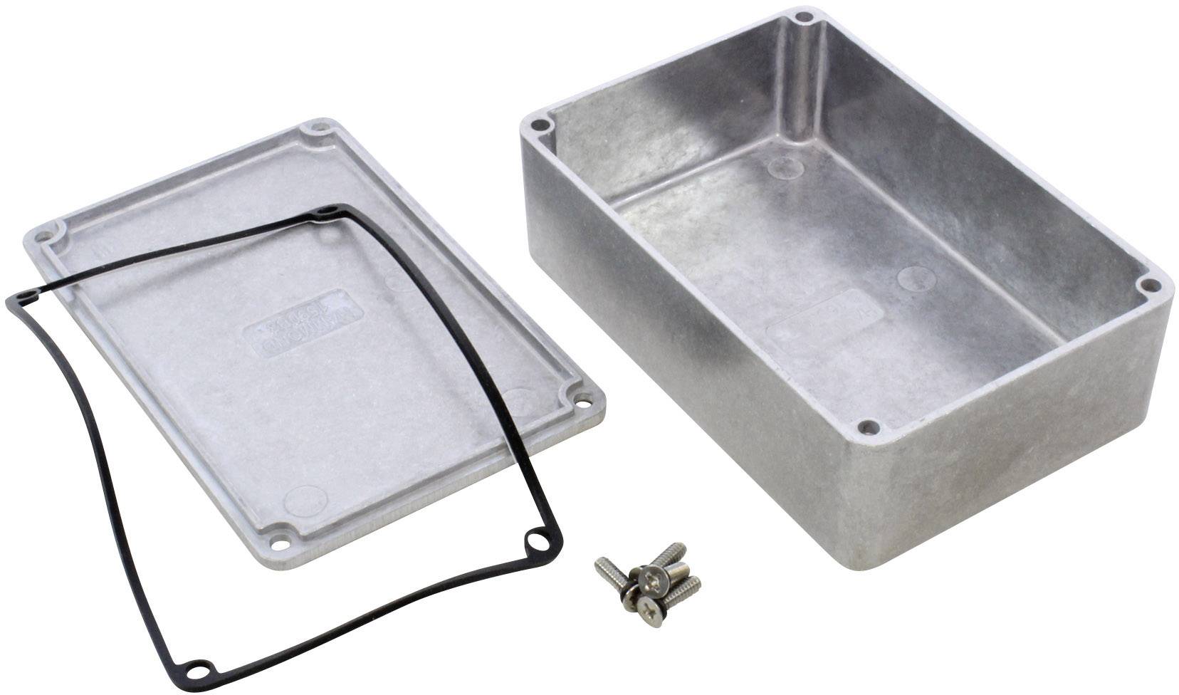 Metallgehäuse bestehend aus Boden und Deckel mit Gummidichtung und vier Schrauben, geeignet zur Elektronikverkleidung.