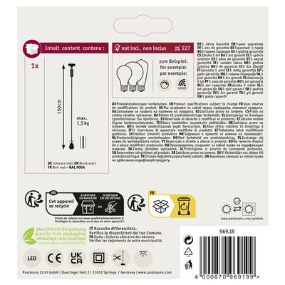 'Paulmann' Verpackung: Infos zu einem flexiblen Verlängerungskabel, max. 150 cm und 15 kg belastbar. Farbangabe: RAL 9004. Garantie: 5 Jahre. Symbole für Anwendung und Nachhaltigkeit.
