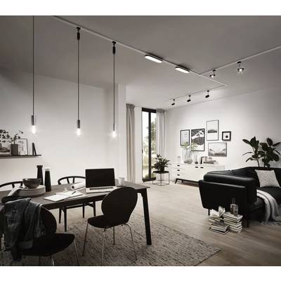 Ein modernes Wohnzimmer mit Esstisch, Stühlen, einem Sofa und dekorativen Pflanzen. An den Wänden hängen gerahmte Bilder.