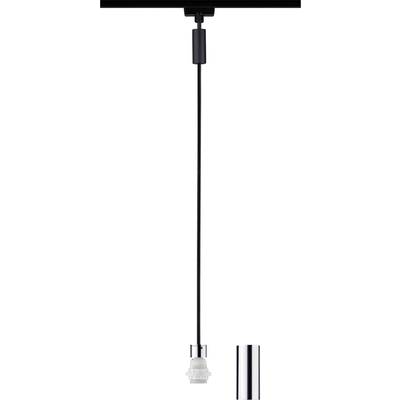 'Schwarzer Lampenpendel mit glattem Kabel, weißem Lampenfassungssockel und silbernem rohrförmigem Detail unten.'