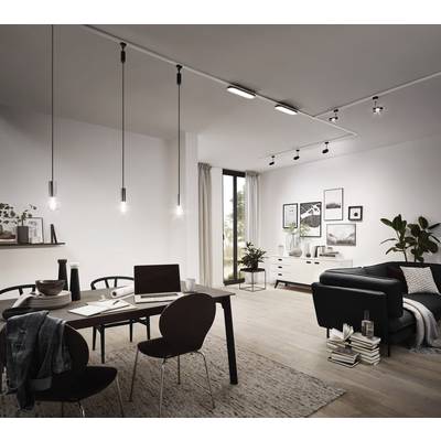 Ein stilvoll eingerichtetes Wohnzimmer mit Esstisch; moderne Beleuchtung, Sofa, Bilder an der Wand, große Fenster und Pflanzen.
