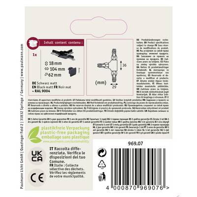 'Paulmann Licht' Verpackungsetikett mit Produktbeschreibung, Abmessungen, Farbe (Schwarz matt, RAL 9004) und Entsorgungshinweisen. Enthält Symbole für Recycling und verschiedene Zertifikate.
