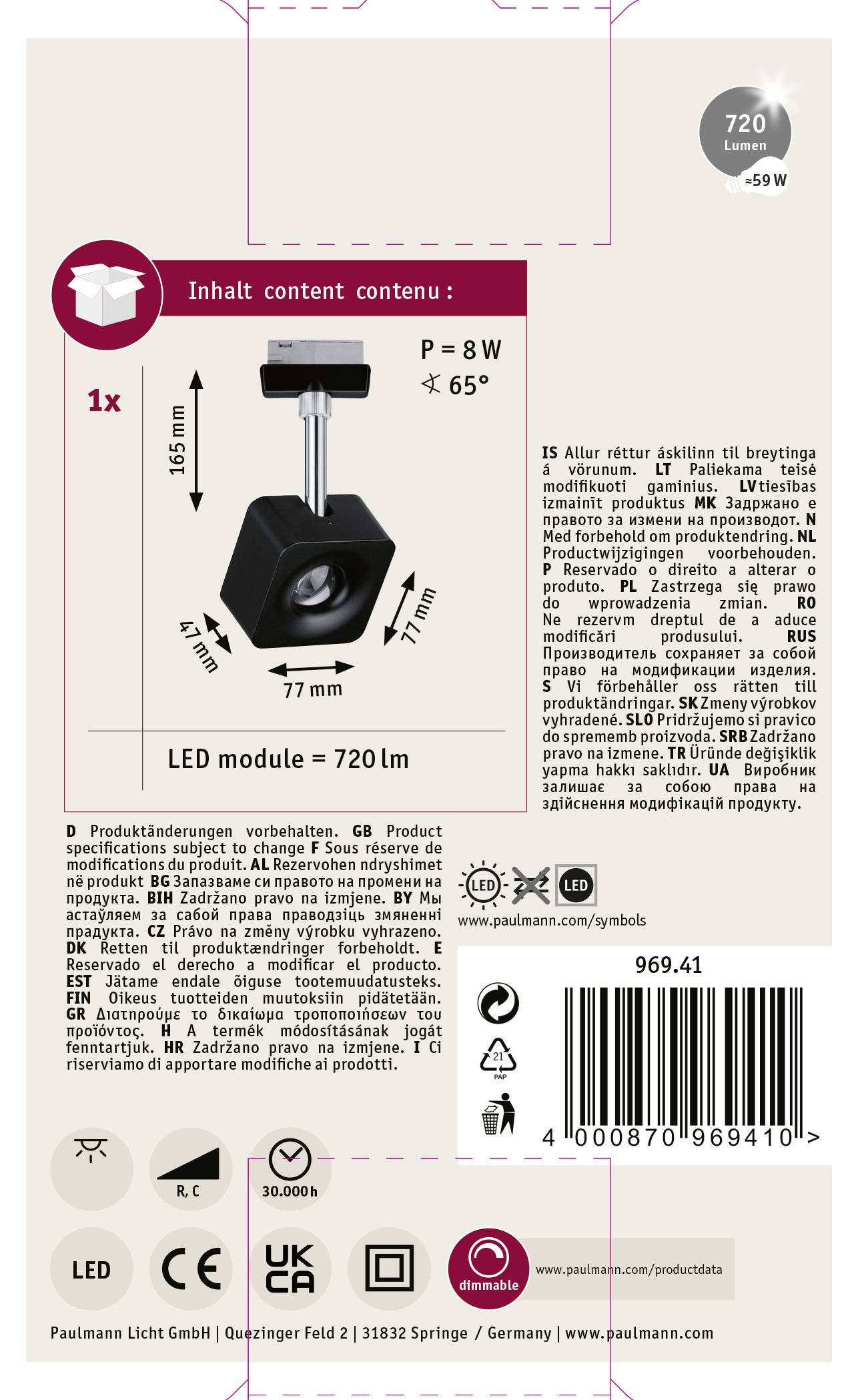 'LED-Modul 720 lm' Verpackung mit Abbildung einer schwarzen Lampe. Technische Spezifikationen: 8W Leistung, 65° Abstrahlwinkel. Hersteller: Paulmann Licht GmbH.