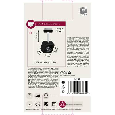 'LED-Modul 720 lm' Verpackung mit Abbildung einer schwarzen Lampe. Technische Spezifikationen: 8W Leistung, 65° Abstrahlwinkel. Hersteller: Paulmann Licht GmbH.