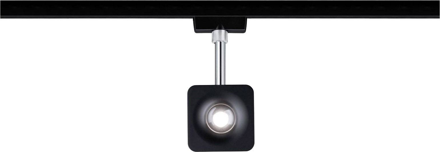 Ein moderner, quadratischer Deckenstrahler mit rundem, leuchtendem LED-Licht in der Mitte, befestigt an einer Metallstange.