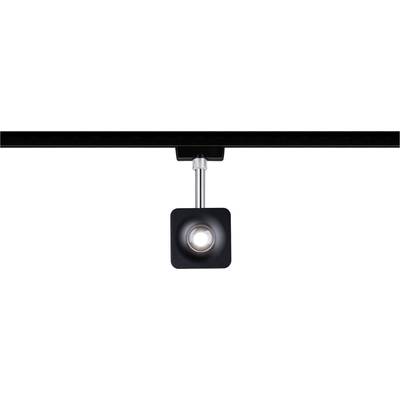 Ein moderner, quadratischer Deckenstrahler mit rundem, leuchtendem LED-Licht in der Mitte, befestigt an einer Metallstange.
