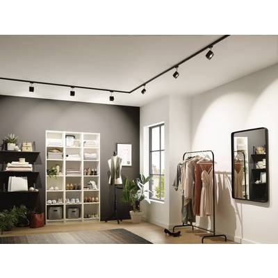 Kleidungsgeschäft mit eleganter Damenmode auf Kleiderständern, Regale mit Accessoires und Pflanzen. Schaufenster mit Licht.