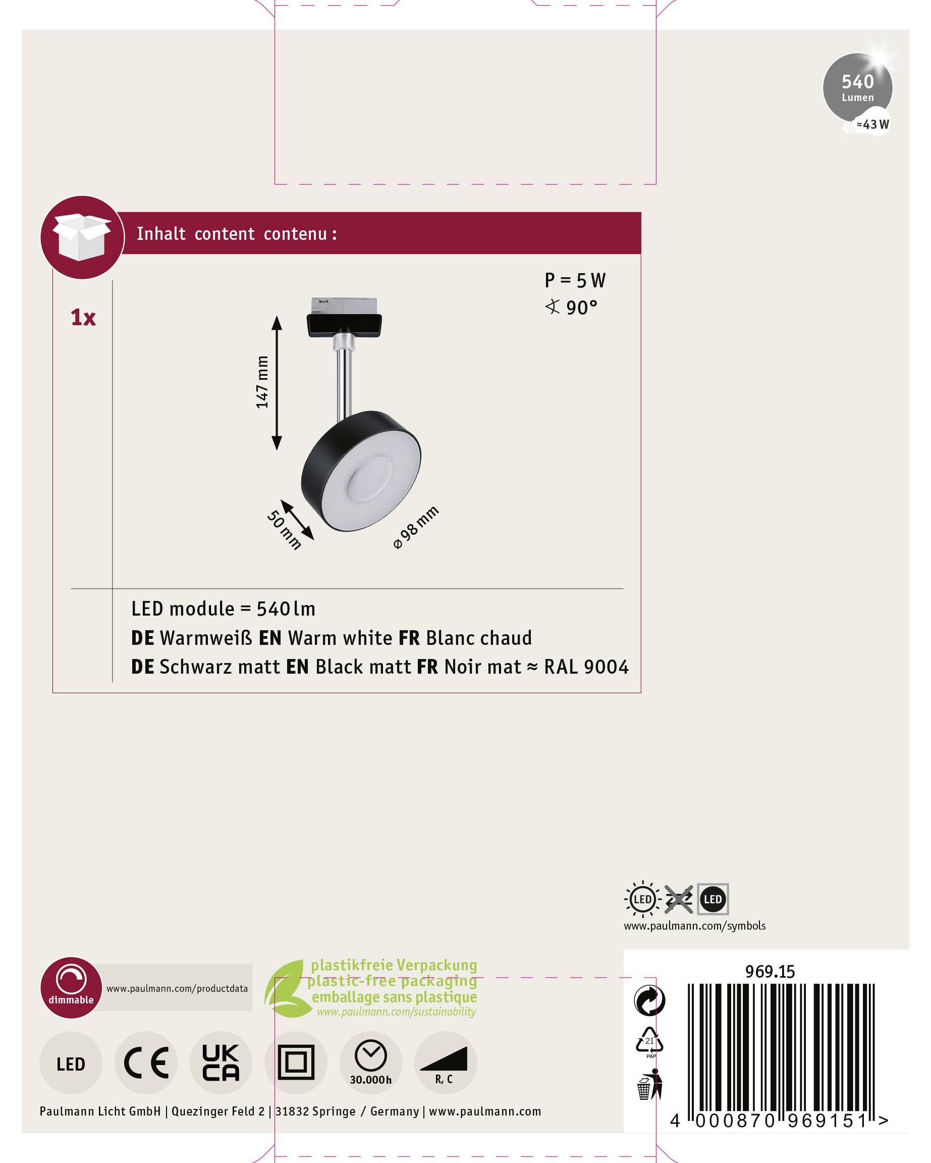 'LED Spot, 5W, 540lm, warmweiß, schwarz-weißer Lampenkörper. Verpackung umweltfreundlich, QR-Code für Details.'