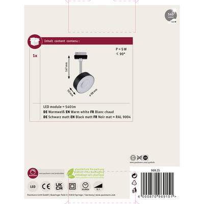 'LED Spot, 5W, 540lm, warmweiß, schwarz-weißer Lampenkörper. Verpackung umweltfreundlich, QR-Code für Details.'