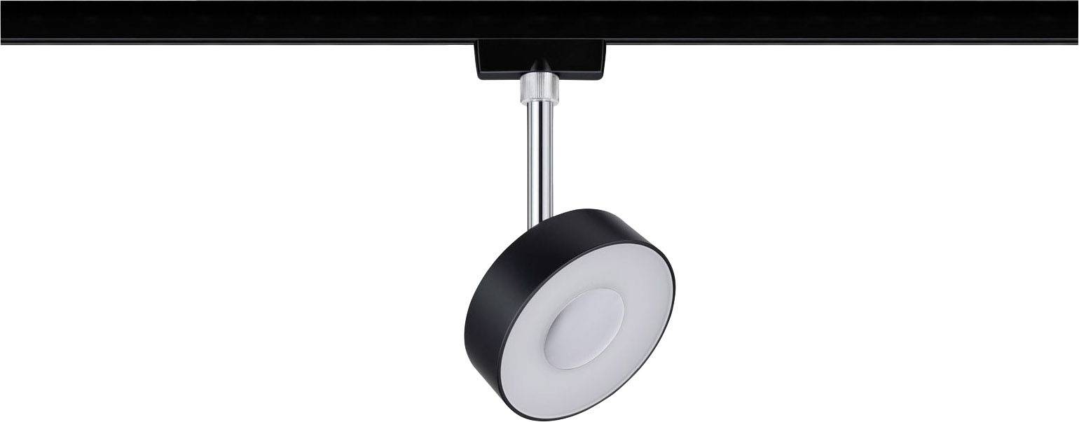 Ein runder LED-Strahler, der an einer Schiene befestigt ist, zeigt nach unten. Schwarze Außenfläche mit weißem Leuchtring.