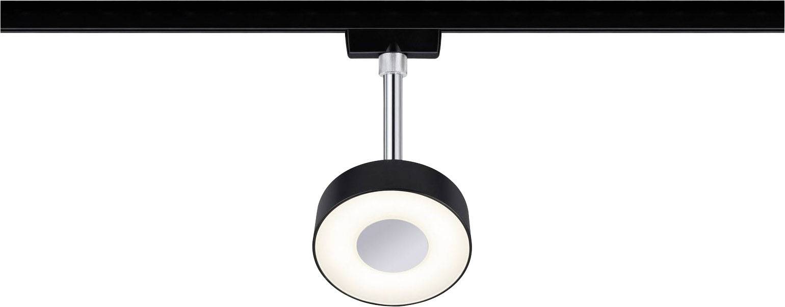 Schwarzer Schienenstrahler mit einem ringförmigen Leuchtring, montiert an einer Decke. Modernes Design, geeignet für Innenbeleuchtung.