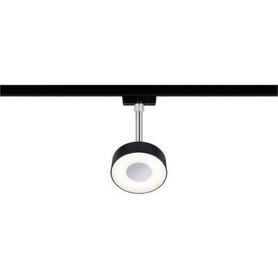 Schwarzer Schienenstrahler mit einem ringförmigen Leuchtring, montiert an einer Decke. Modernes Design, geeignet für Innenbeleuchtung.