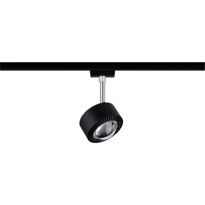 Eine schwarze Schienenleuchte mit modernem Design, an einer Deckenschiene montiert. Eignet sich für gezielte Beleuchtung in Innenräumen.