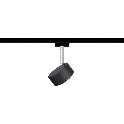Schwarze Deckenleuchte mit rundem Lampengehäuse an silbernem Gelenkarm, montiert an einer schwarzen Schiene. Ideal für flexible Beleuchtung.
