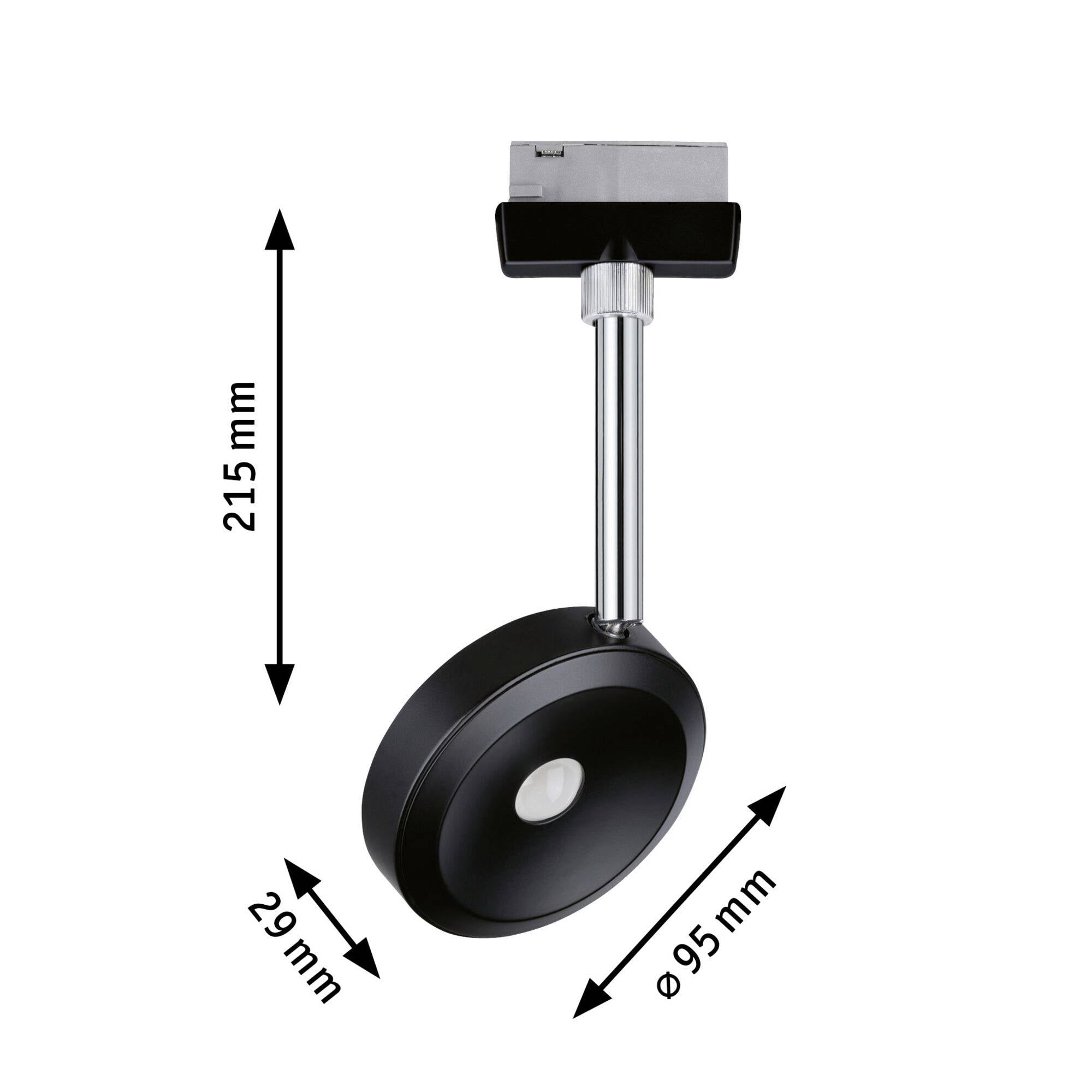 Schwarzer, runder Deckenstrahler mit silbernem Arm, 215 mm hoch, Durchmesser 95 mm, Tiefe 29 mm. Ideal für zielgerichtete Beleuchtung.