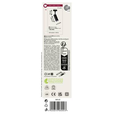'Schwarz eloxierte Aluminiumleuchte, 500lm LED, 5,4W, recycelbar. Inklusive Montageset. Energieanzeige, QR-Code, Symbole für Recycling und Effizienz.'