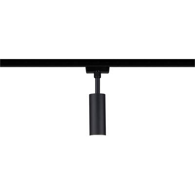 Eine schwarze, zylindrische Deckenlampe hängt von einer schwarzen Schiene.