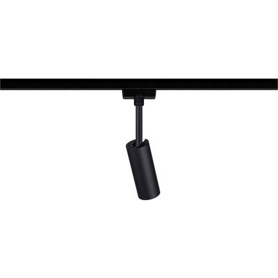 Schwarze Deckenleuchte in zylindrischer Form, hängt an einer Schiene. Minimalistisches Design, geeignet für moderne Innenräume.