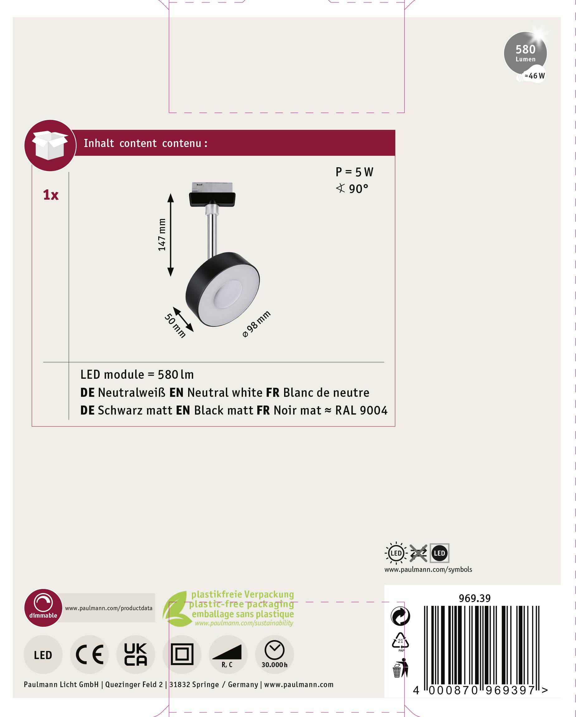 Eine LED-Leuchte mit 5 W und einem Abstrahlwinkel von weniger als 90 Grad. Verpackung mit wiederverwertbarem Material.