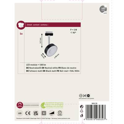 Eine LED-Leuchte mit 5 W und einem Abstrahlwinkel von weniger als 90 Grad. Verpackung mit wiederverwertbarem Material.