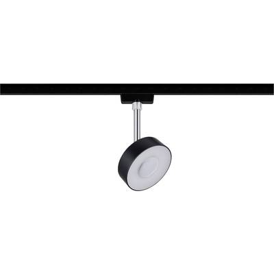 Eine schwarze, runde Deckenleuchte hängt an einer Metallstange. Sie ist in modernem Design gehalten und leuchtet nach unten.
