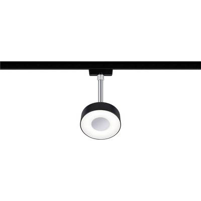 Eine moderne schwarze Schienenleuchte mit rundem, weißem Leuchtenkörper an einer Metallstange, von Decke hängend.