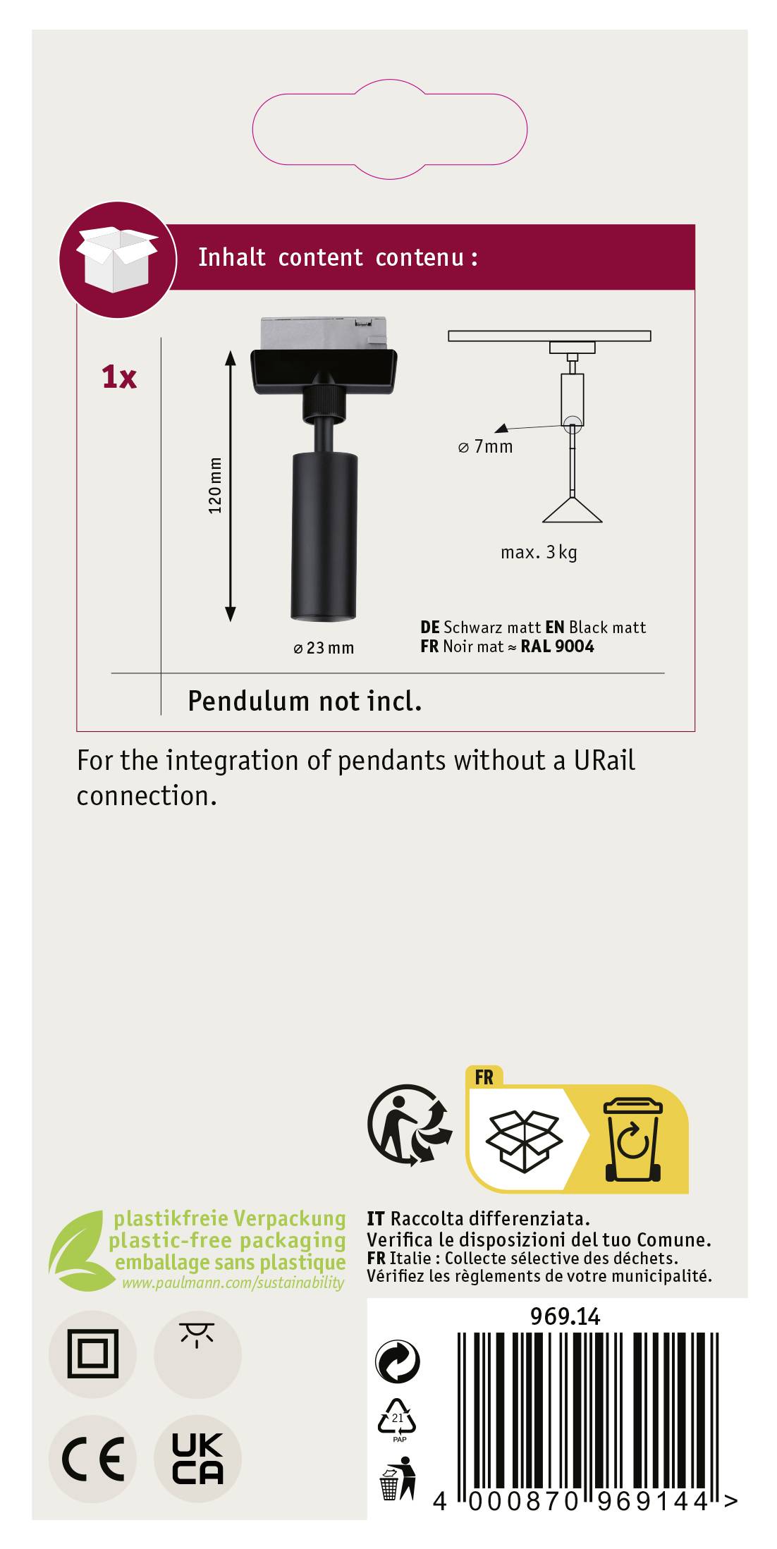 'Pendulum not incl.' ist der Hinweistext. Bild zeigt eine Lampenaufhängung für Pendelleuchten. Maximale Traglast 3 kg, schwarz. Enthält Beschreibung in mehreren Sprachen.