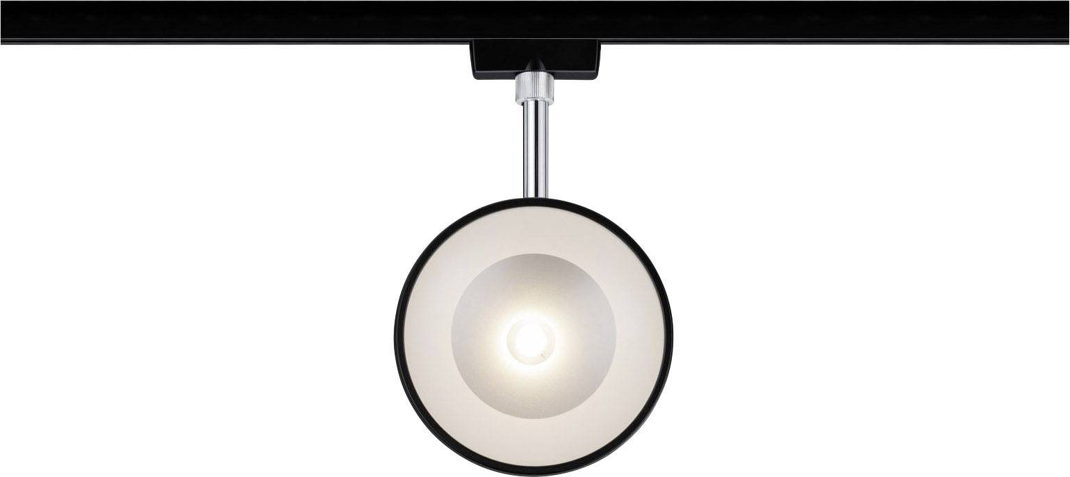 Einbaustrahler an schwarzer Schiene, modernes Design, silberne Halterung, Licht eingeschaltet.