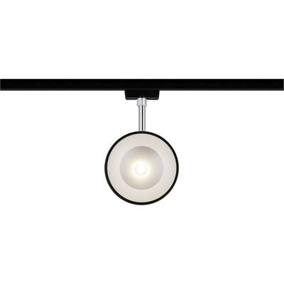 Einbaustrahler an schwarzer Schiene, modernes Design, silberne Halterung, Licht eingeschaltet.