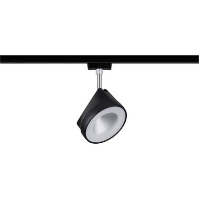 Eine schwarze Schienenleuchte mit einem kegelförmigen, schwenkbaren Lampenkopf, befestigt an einer Metallschiene.