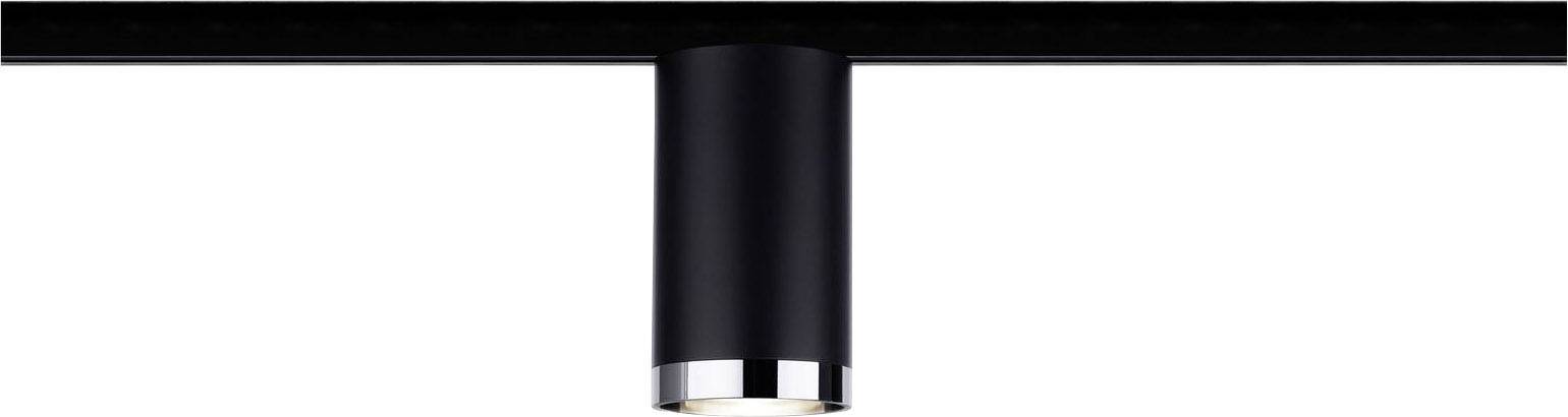 Schwarze Deckenstrahler-Leuchte mit zylindrischem Design und silbernem Rand, montiert an einer Stange, beleuchtet nach unten.