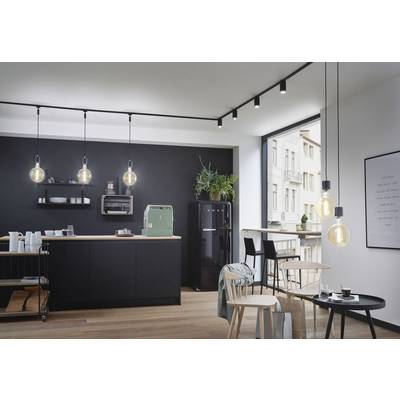 Moderne Küche mit schwarzem Küchenschrank, Pendelleuchten und großen Fenstern. Esstisch mit Stühlen; Kaffeemaschine und Deko-Pflanze.