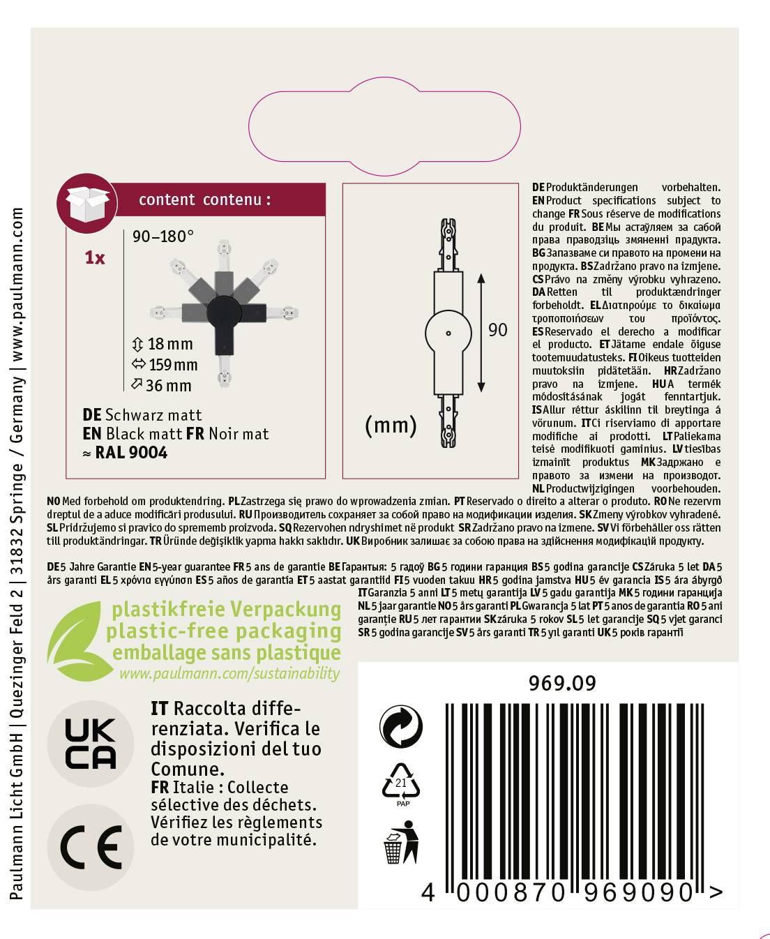 'Paulmann Hochvoltbetrieb Produktverpackung: Inhalt 1x, 90-180° schwenkbar. Farbe Schwarz matt RAL 9004. Plastikfreie Verpackung.'
