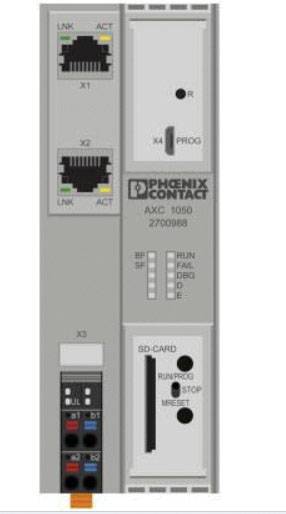 Industriecomputer mit 'Phoenix Contact'-Logo, Anschlüssen für Netzwerk und SD-Karte, sowie Statusanzeigen für Betrieb, Fehler und Kommunikation.