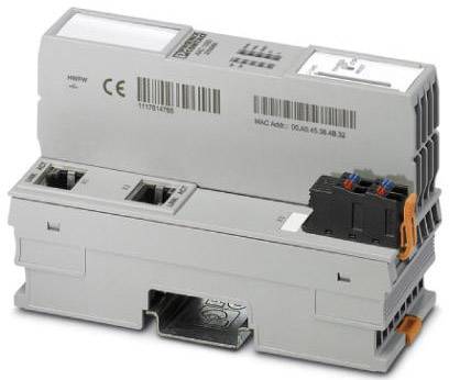 Ein graues, rechteckiges elektronisches Gerät mit Anschlüssen und LED-Anzeigen. Enthält mehrere Anschlüsse für elektrische Verbindung.